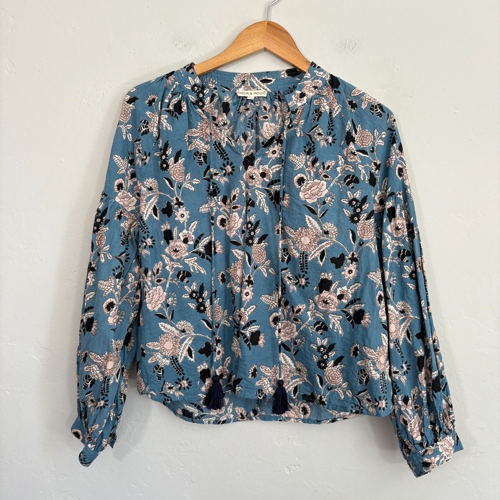 Ophelia and Indigo Floral Top Women Size Small Blue Long Sleeve Tassels